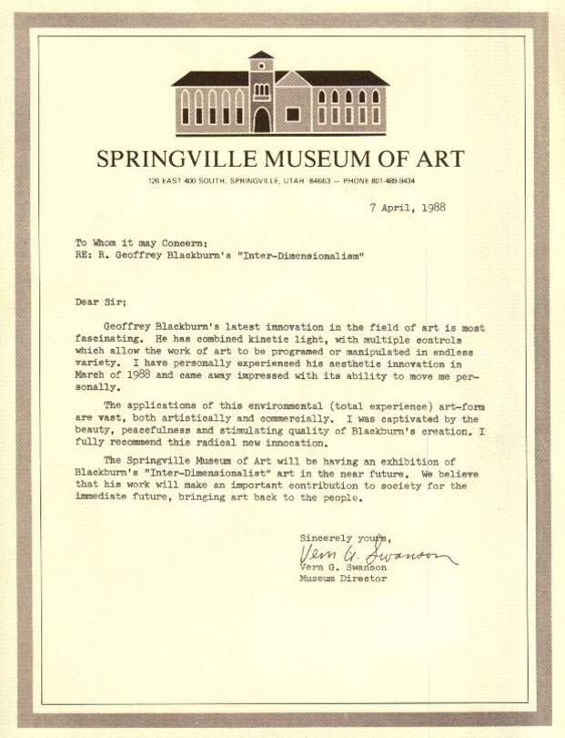Art of R. Geoffrey Blackburn Springiville Museum of Fine Art letter
